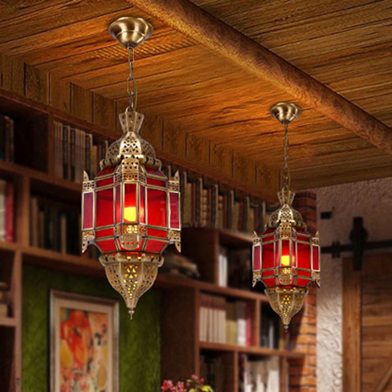 Lantern Restaurant Pendant Lighting Traditional Red Glass 3 Lights Brass Chandelier Light Fixture