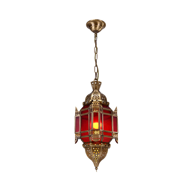 Lantern Restaurant Pendant Lighting Traditional Red Glass 3 Lights Brass Chandelier Light Fixture
