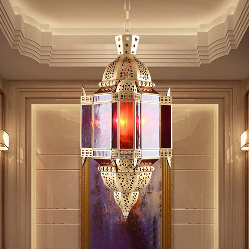 Lantern Red Glass Suspension Pendant Arab 3 Heads Living Room Chandelier in Brass with Hollow-Out Design