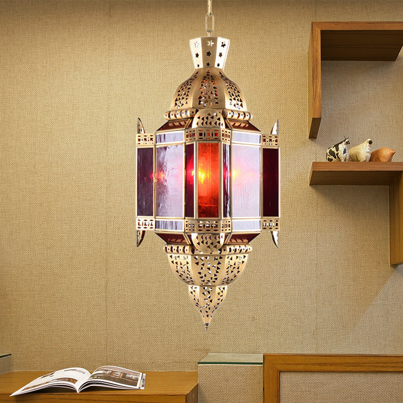 Lantern Red Glass Suspension Pendant Arab 3 Heads Living Room Chandelier in Brass with Hollow-Out Design