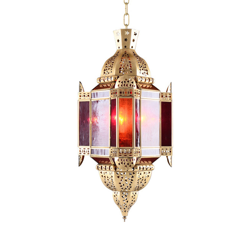 Lantern Red Glass Suspension Pendant Arab 3 Heads Living Room Chandelier in Brass with Hollow-Out Design