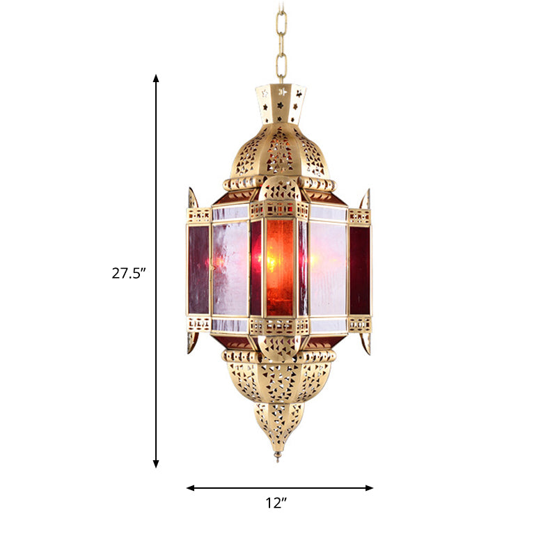 Lantern Red Glass Suspension Pendant Arab 3 Heads Living Room Chandelier in Brass with Hollow-Out Design