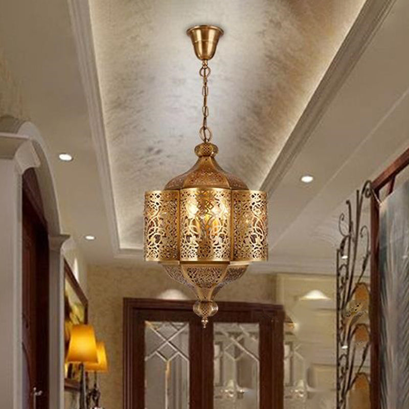 3 Heads Etched Lantern Pendant Lamp Arab Style Brass Metal Hanging Chandelier for Corridor