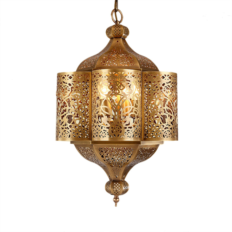 3 Heads Etched Lantern Pendant Lamp Arab Style Brass Metal Hanging Chandelier for Corridor