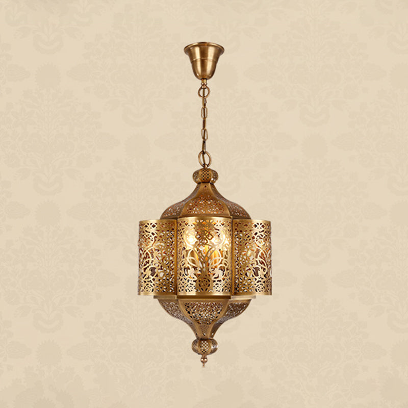 3 Heads Etched Lantern Pendant Lamp Arab Style Brass Metal Hanging Chandelier for Corridor