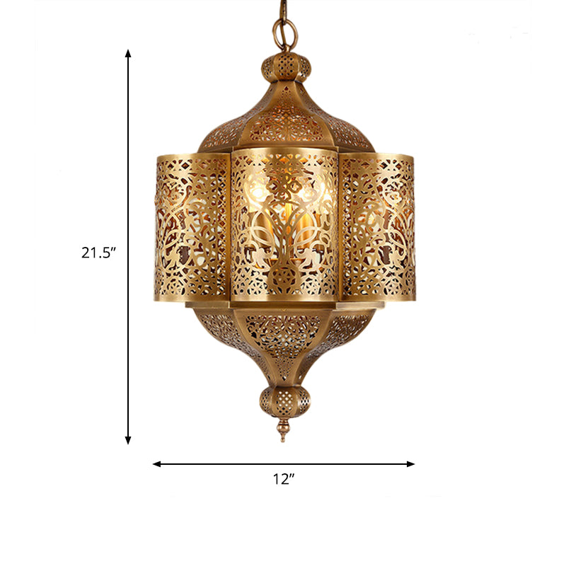 3 Heads Etched Lantern Pendant Lamp Arab Style Brass Metal Hanging Chandelier for Corridor