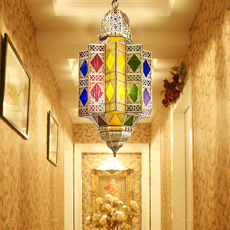 Metallic Brass Chandelier Light Fixture Lantern Shaped 3 Heads Traditional Hanging Pendant for Hallway