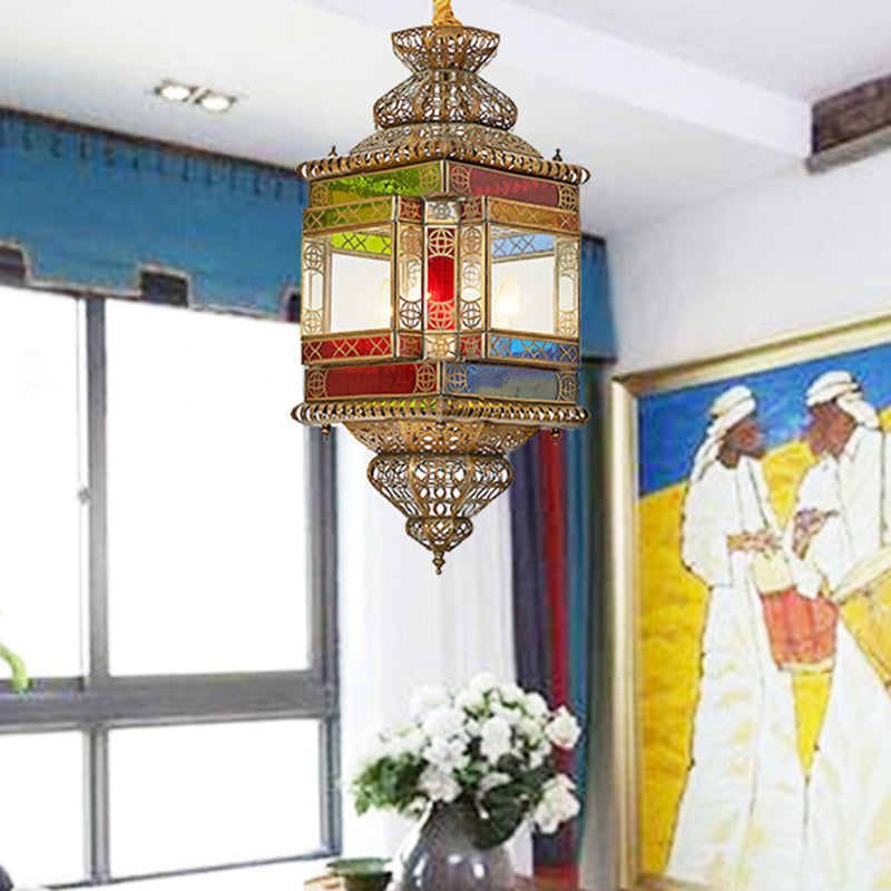 Cut Glass Lantern Drop Pendant Country Style 3 Heads Bedroom Chandelier Lamp in Brass