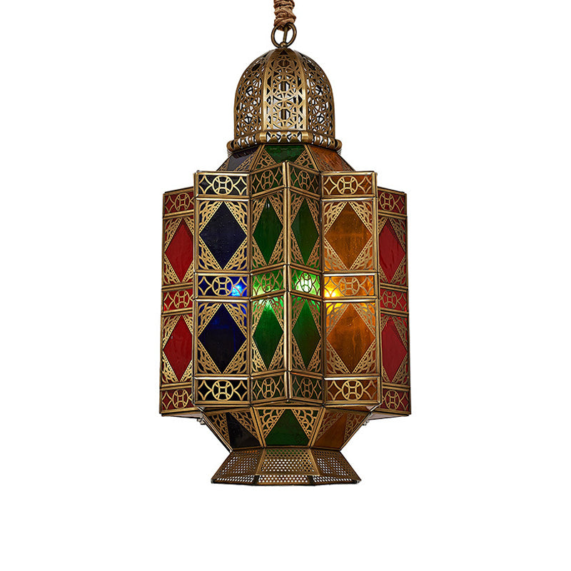 Lantern Stained Glass Hanging Light Fixture Art Deco 3 Bulbs Corridor Pendant Chandelier in Brass with Carved Design