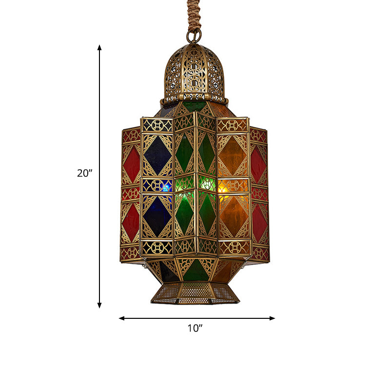 Lantern Stained Glass Hanging Light Fixture Art Deco 3 Bulbs Corridor Pendant Chandelier in Brass with Carved Design