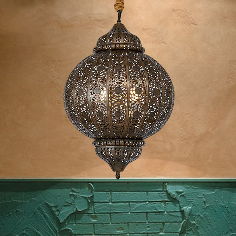3 Heads Metal Suspension Light Country Bronze Finish Etched Sphere Corridor Chandelier