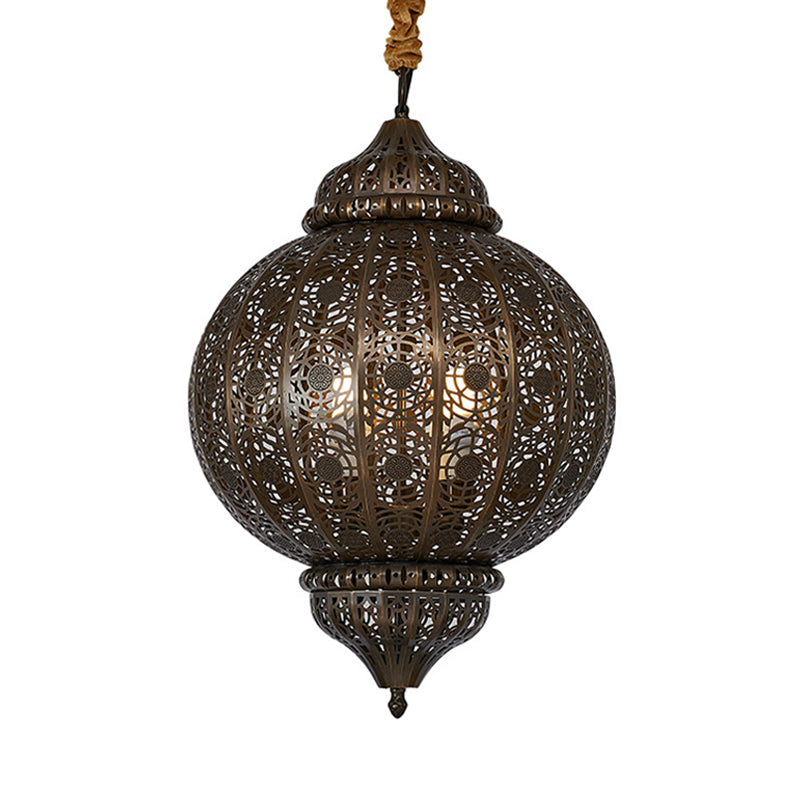 3 Heads Metal Suspension Light Country Bronze Finish Etched Sphere Corridor Chandelier