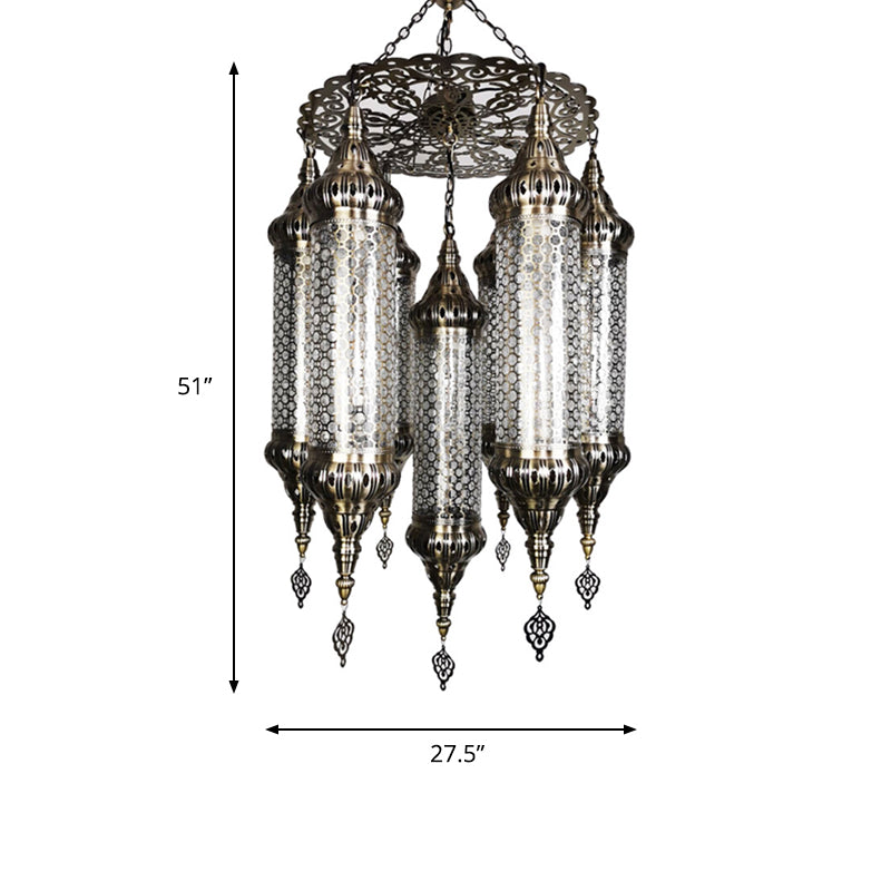 Arab Cylinder Hanging Lamp 7 Heads Clear Crackle Glass Chandelier Lighting Fixture in Bronze