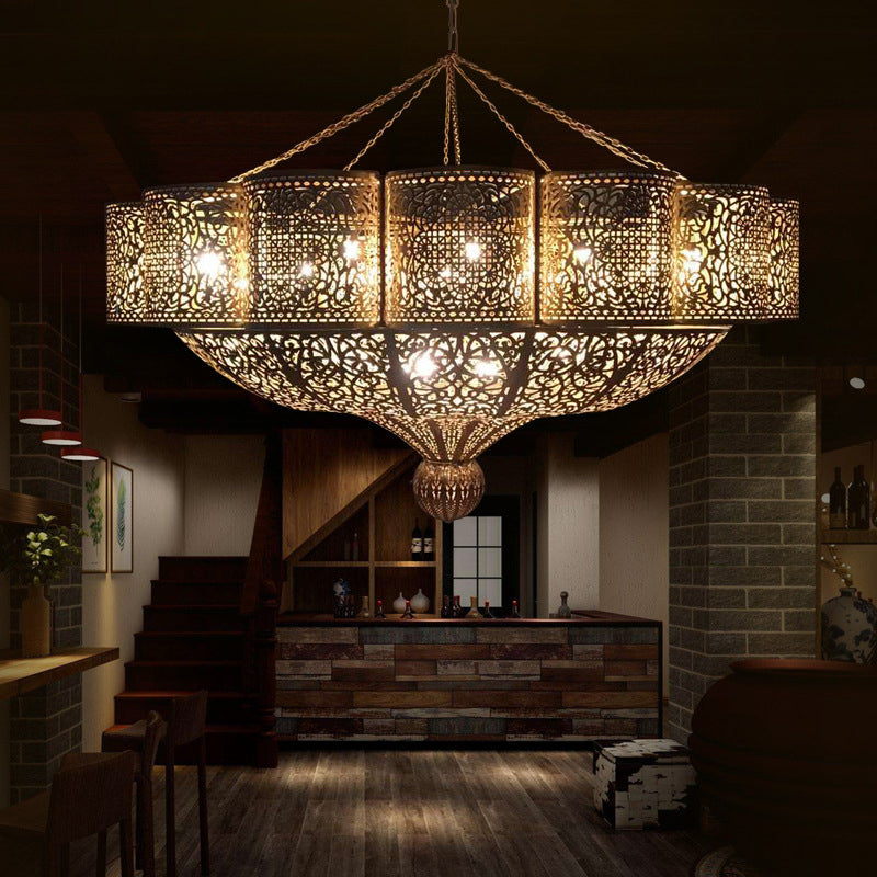 11 Heads Pendant Light Kit Arab Style Priscilla Edge Metallic Ceiling Chandelier in Brass with Hollow-Cut Design