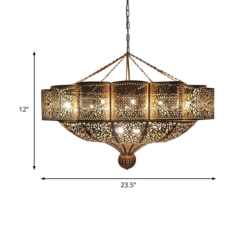 11 Heads Pendant Light Kit Arab Style Priscilla Edge Metallic Ceiling Chandelier in Brass with Hollow-Cut Design