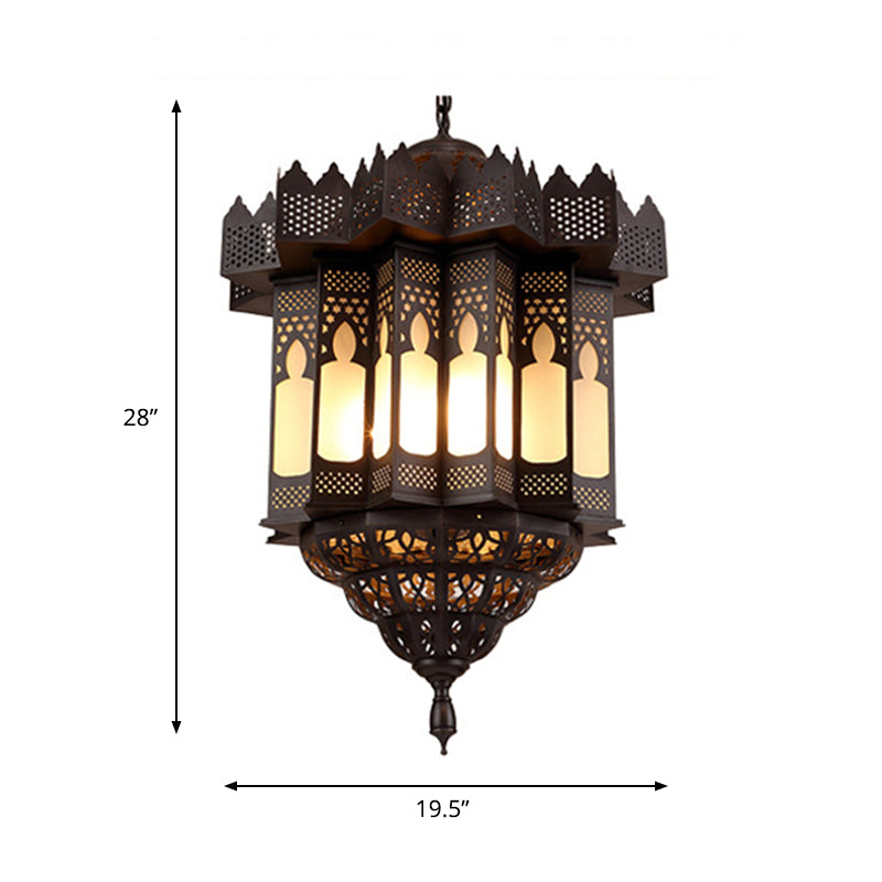 Etched Lantern Dining Room Chandelier Light Art Deco Frosted Glass 3-Bulb Black Finish Ceiling Pendant