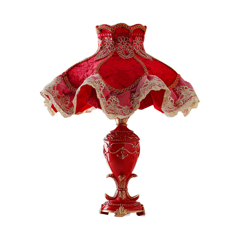 Resin Urn Night Table Light Modern 1 Head Red Nightstand Lighting with Fabric Shade for Bedroom