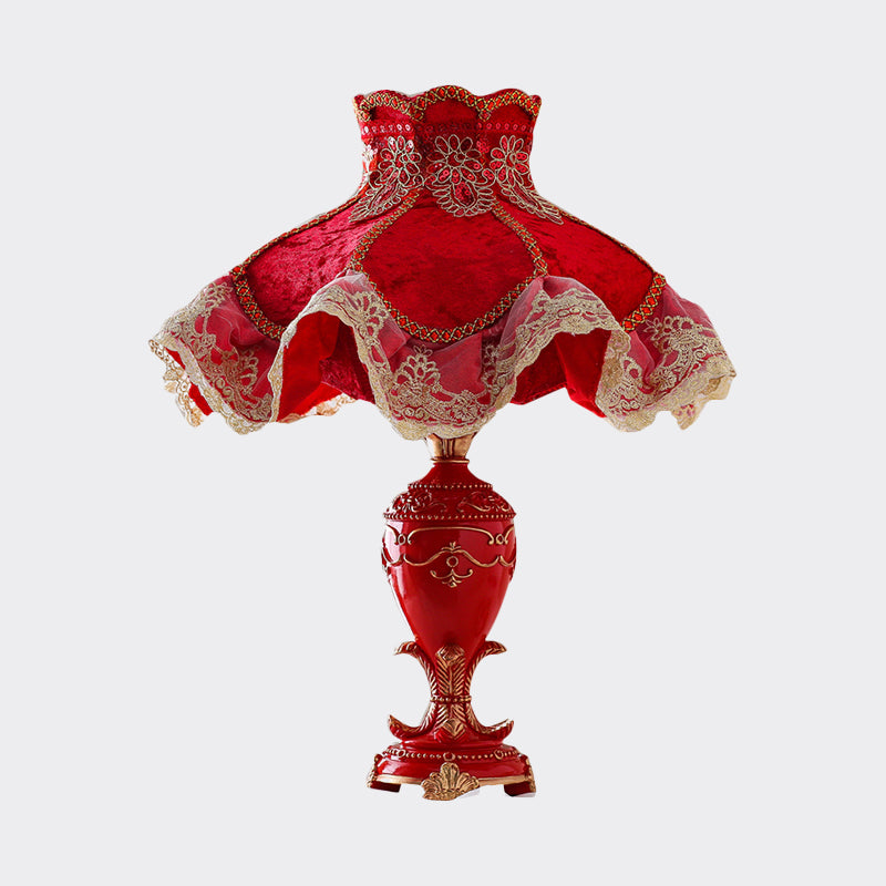 Resin Urn Night Table Light Modern 1 Head Red Nightstand Lighting with Fabric Shade for Bedroom