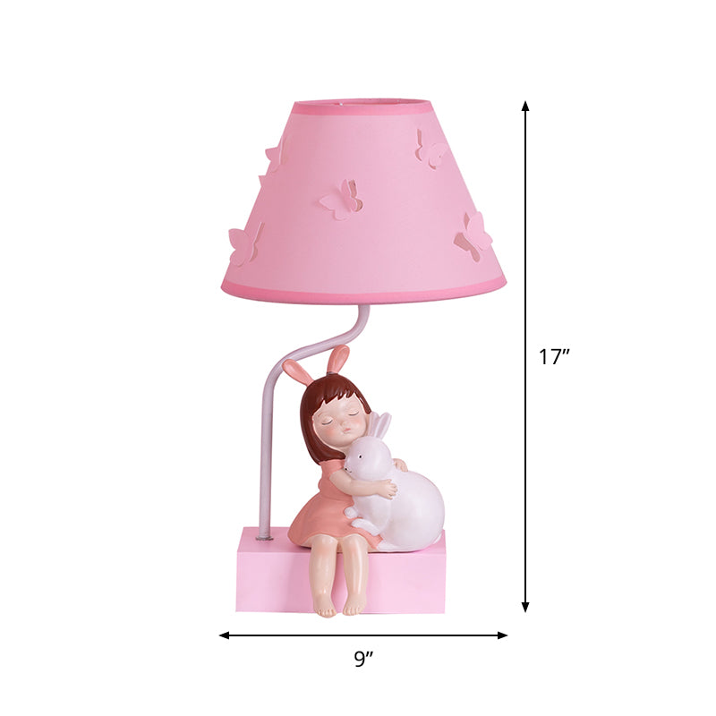 Dessin animé de la lampe de nuit en tissu conique 1 tête de tête en rose avec design de lapin fille et base en bois