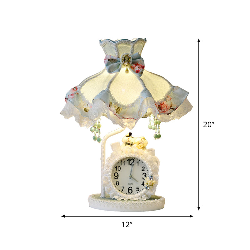 Vestido de princesa Mesa nocturna de tela para niños 1 lámpara de noche de sala de estar de bombilla en Aqua con reloj