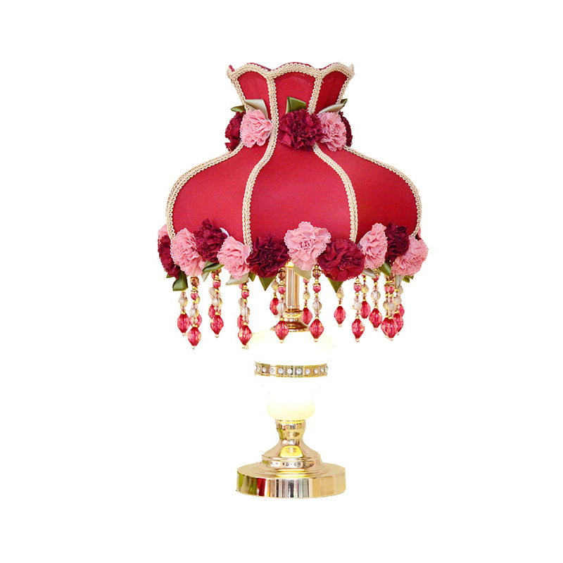 Lampe de table de nuit pastorale à 1 tête, lampe de chevet festonnée rouge avec abat-jour en tissu et décor floral