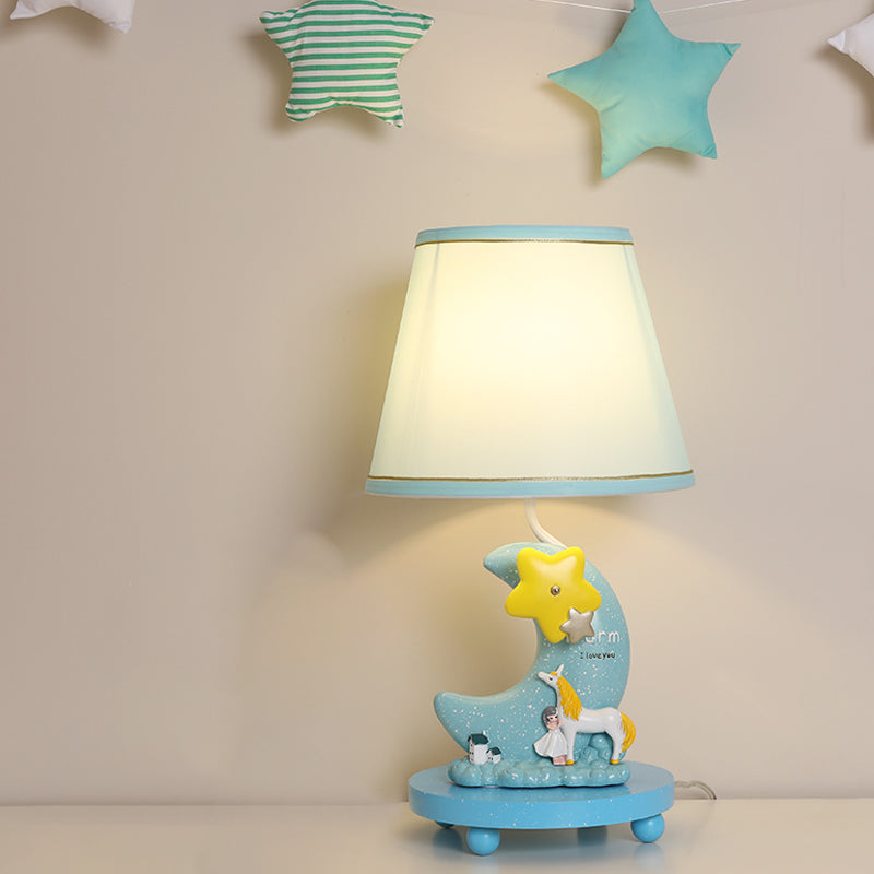 Lámpara de mesa de cono de tela Cartoon 1 cabeza de color azul de la cabeza iluminación con la luna y la base de la estrella