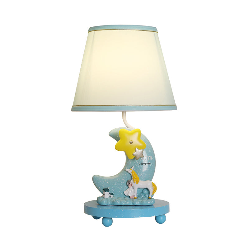 Lámpara de mesa de cono de tela Cartoon 1 cabeza de color azul de la cabeza iluminación con la luna y la base de la estrella