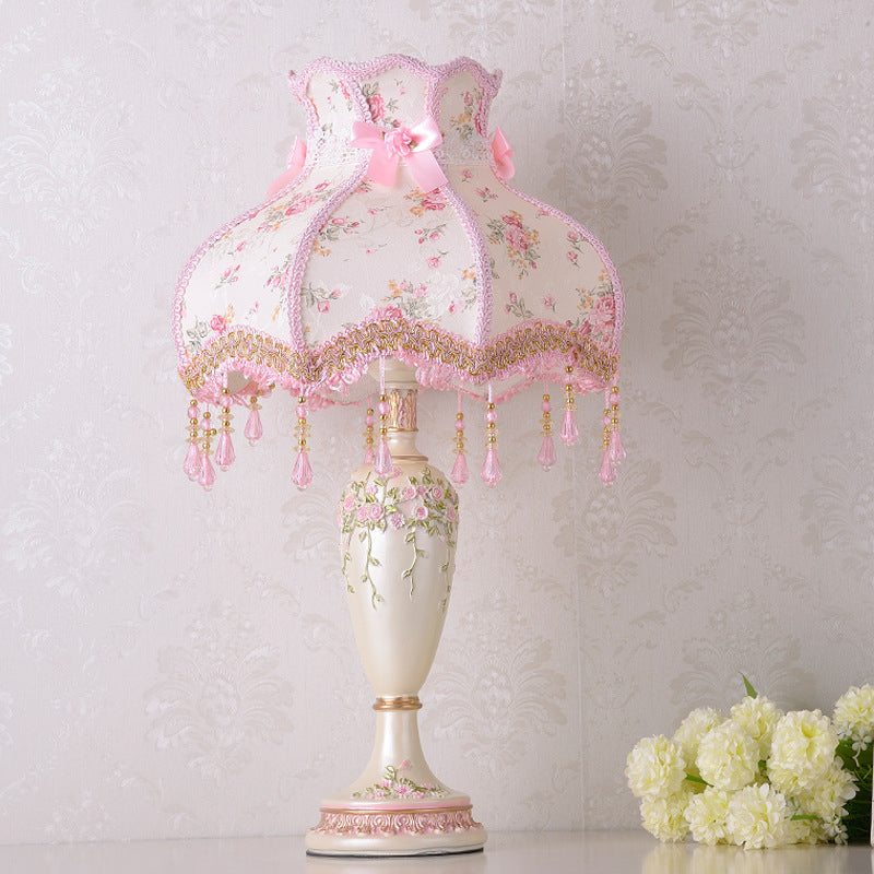 Vase Resin Night Table Lamp Pastoral 1-Head Pink Nightstand Light with Braided Trim and Drape