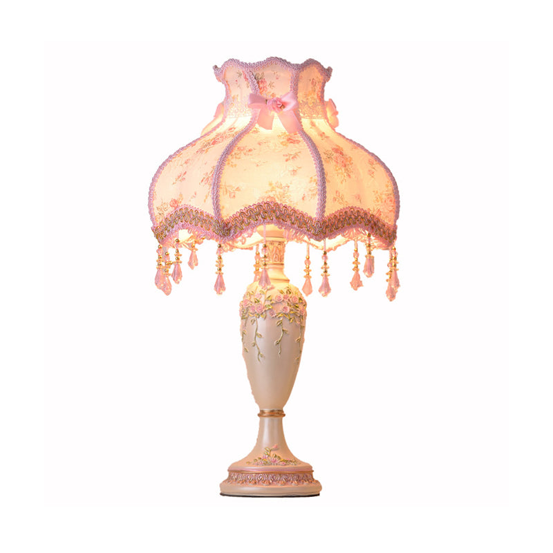 Vase Resin Night Table Lamp Pastoral 1-Head Pink Nightstand Light with Braided Trim and Drape
