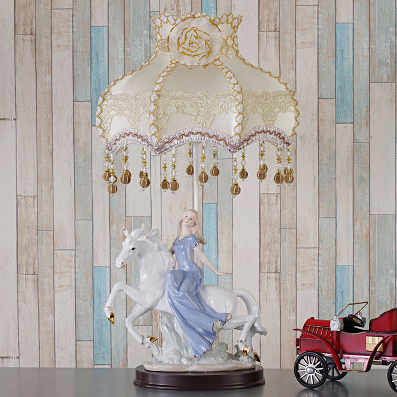 Wave Edge Table Lamp Retro Fabric 1 Head White Night Light with Ceramic Woman and Horse Decor