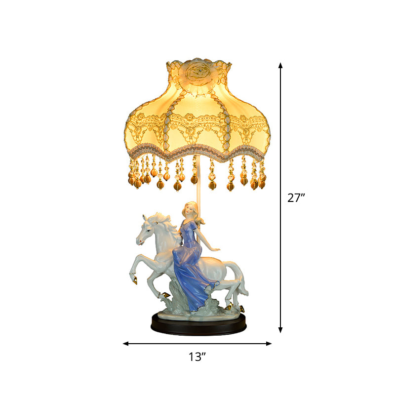 Wave Edge Table Lamp Retro Fabric 1 Head White Night Light with Ceramic Woman and Horse Decor