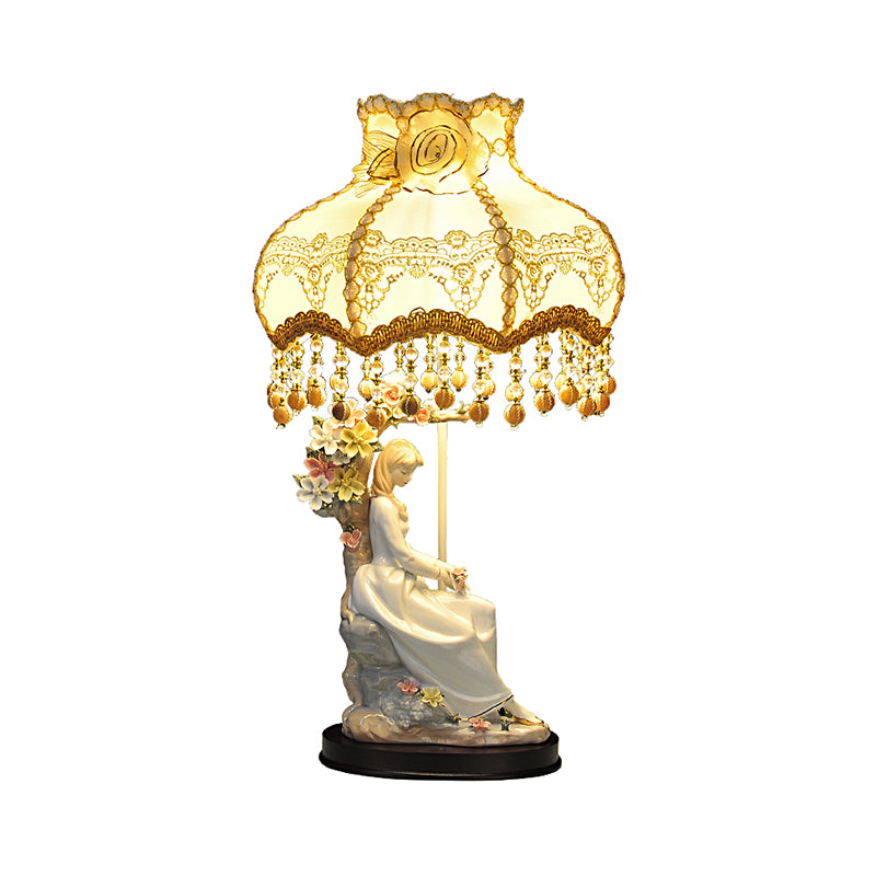 Ceramic Girl Night Lighting Countryside Single Beige Table Lamp with Fabric Shade and Pendant