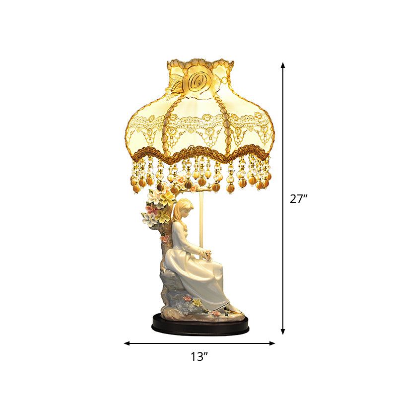 Ceramic Girl Night Lighting Countryside Single Beige Table Lamp with Fabric Shade and Pendant