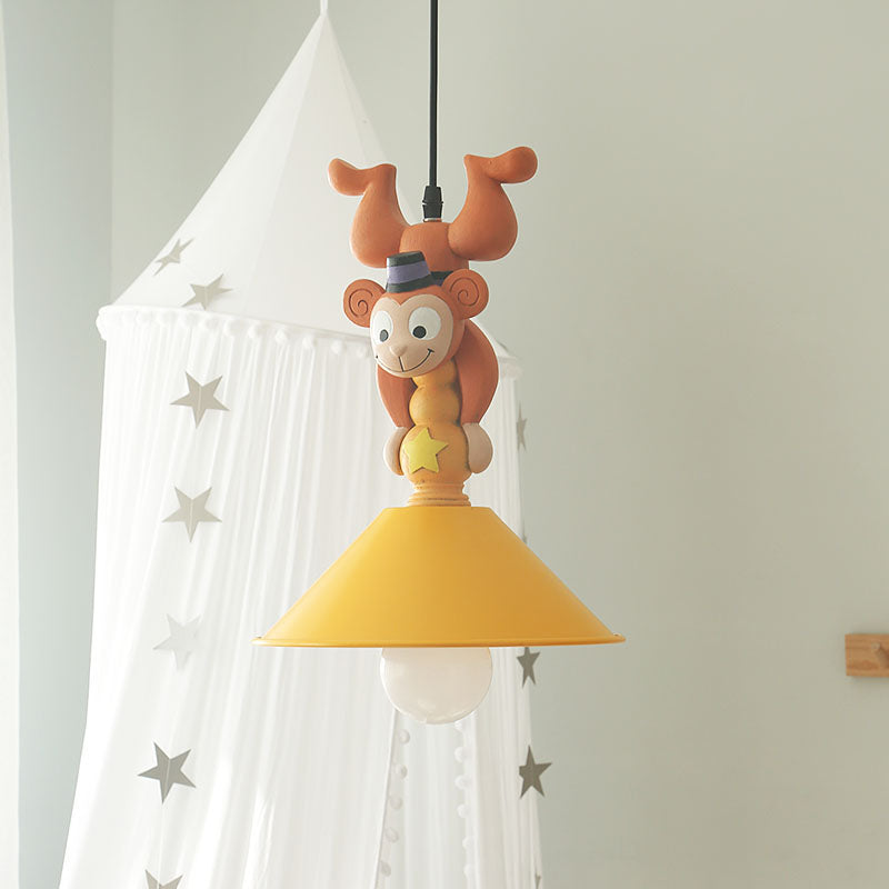 Kids Cartoon Monkey Ceiling Light Resin 1/3 Lamps Bedroom Hanging Pendant in Yellow with Cone Shade