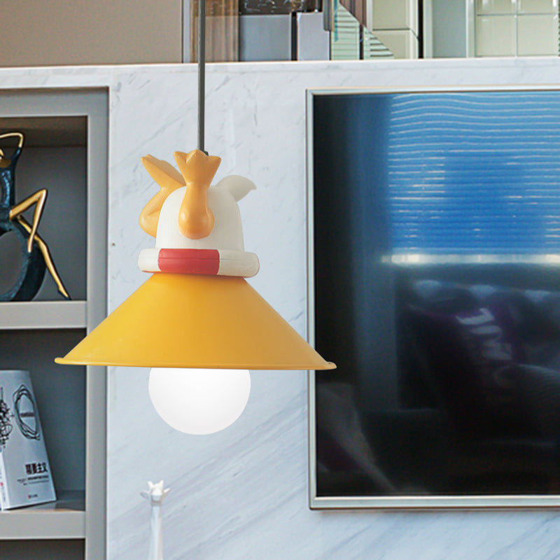 Yellow Animals Hanging Lamp Kit Cartoon Single Bulb Resin Pendant Lighting with Conic Shade