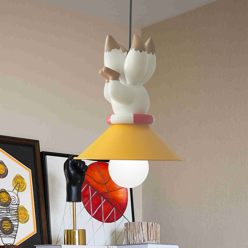 Yellow Animals Hanging Lamp Kit Cartoon Single Bulb Resin Pendant Lighting with Conic Shade