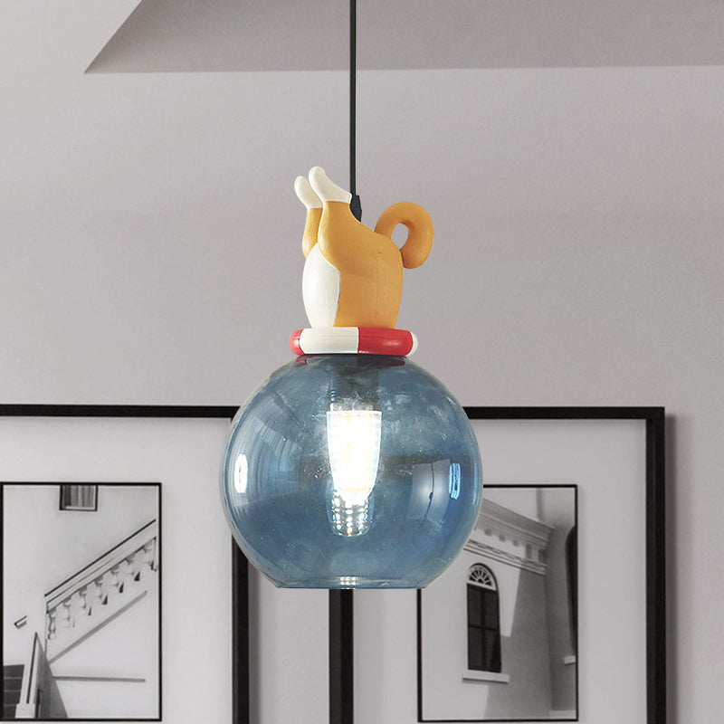 Blue Cartoon Dog/Duck/Fox Hanging Light Kids Single Bulb Resin Ceiling Pendant Light for Bedroom