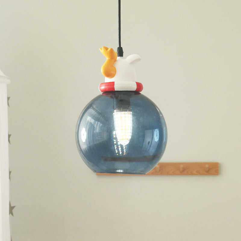 Blue Cartoon Dog/Duck/Fox Hanging Light Kids Single Bulb Resin Ceiling Pendant Light for Bedroom