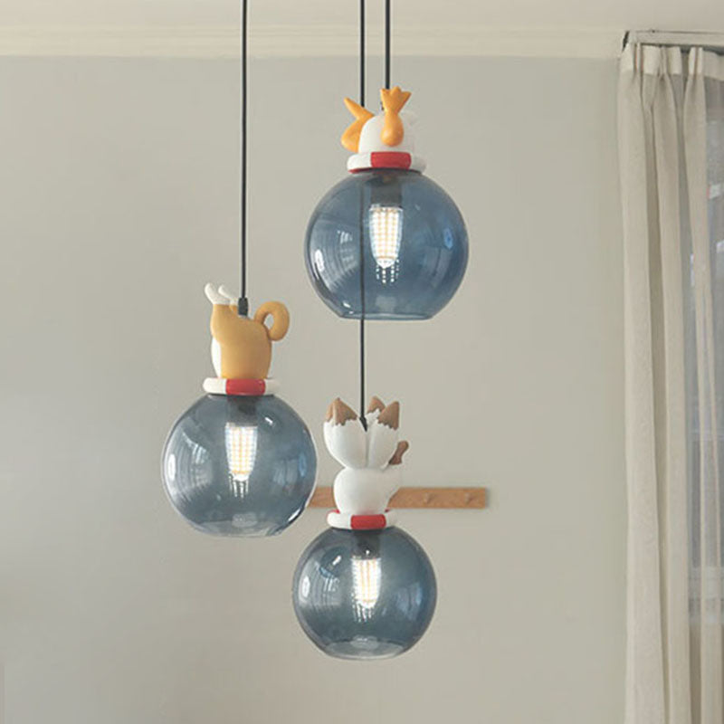 Cartoon Animals Resin Multi Pendant Light Kids 3 Heads Blue Hanging Ceiling Light for Bedroom
