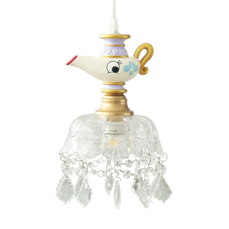 White Teapot Pendant Light Kids 1/4 Lights Clear Glass Hanging Ceiling Light for Bedroom