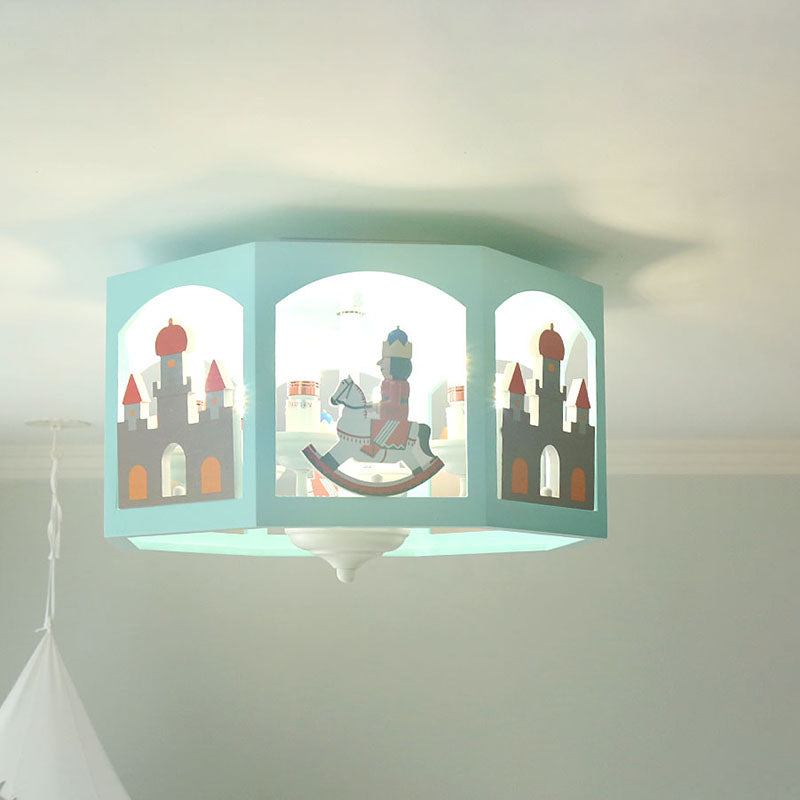 6 Heads Bedroom Semi-Flush Mount Macaron Green Ceiling Light Fixture with Octagon Metal Shade