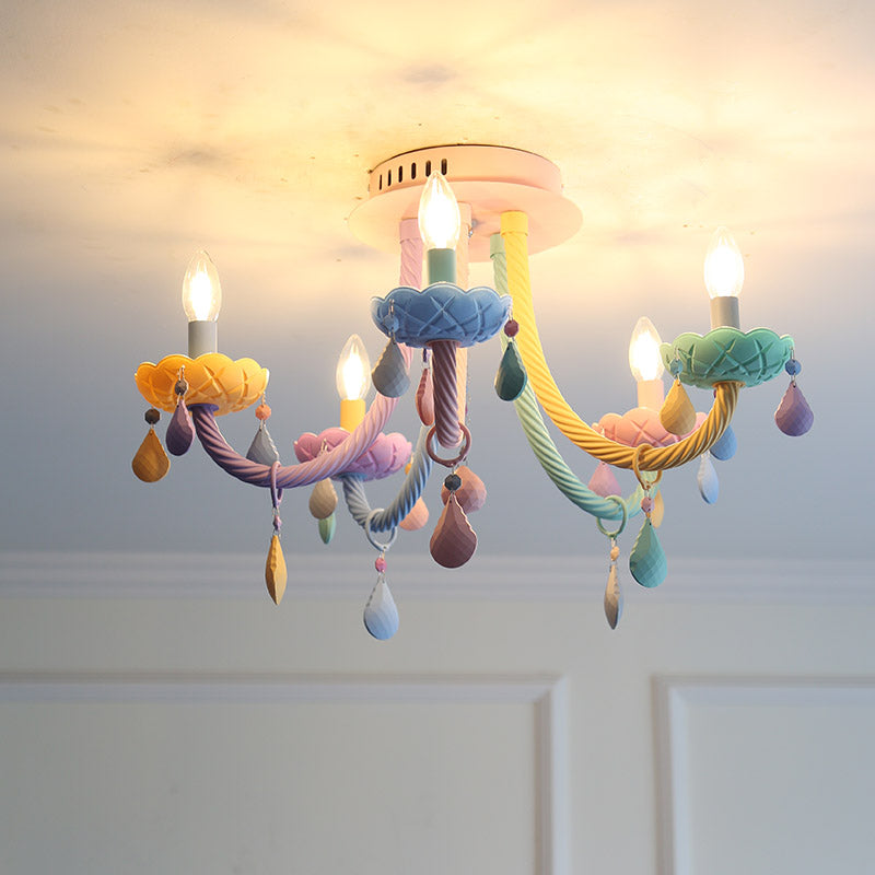 Candélabre pour chambre à coucher, montage semi-encastré en métal, 5/6 lumières, macaron proche des plafonniers, bleu-rose-jaune