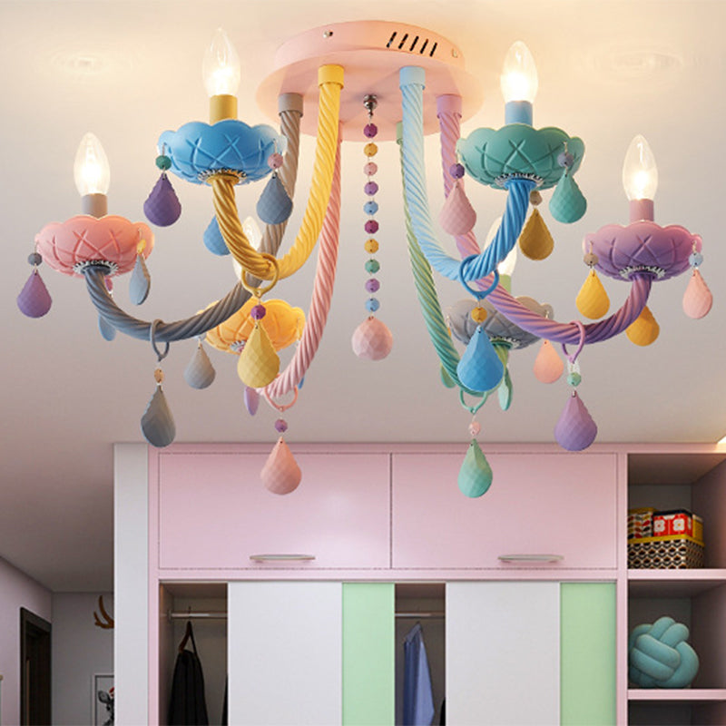 Candélabre pour chambre à coucher, montage semi-encastré en métal, 5/6 lumières, macaron proche des plafonniers, bleu-rose-jaune