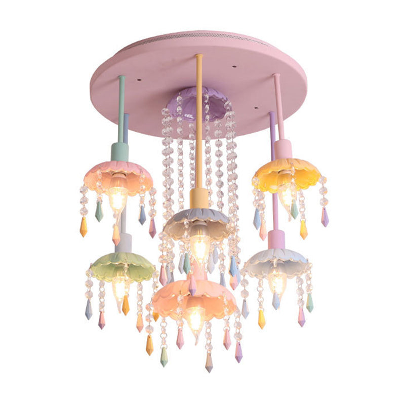 Scallop Shade Ceiling Light Macaron Metal 7 Lights Pink Semi-Flush Mount Light for Bedroom with Crystal Drop
