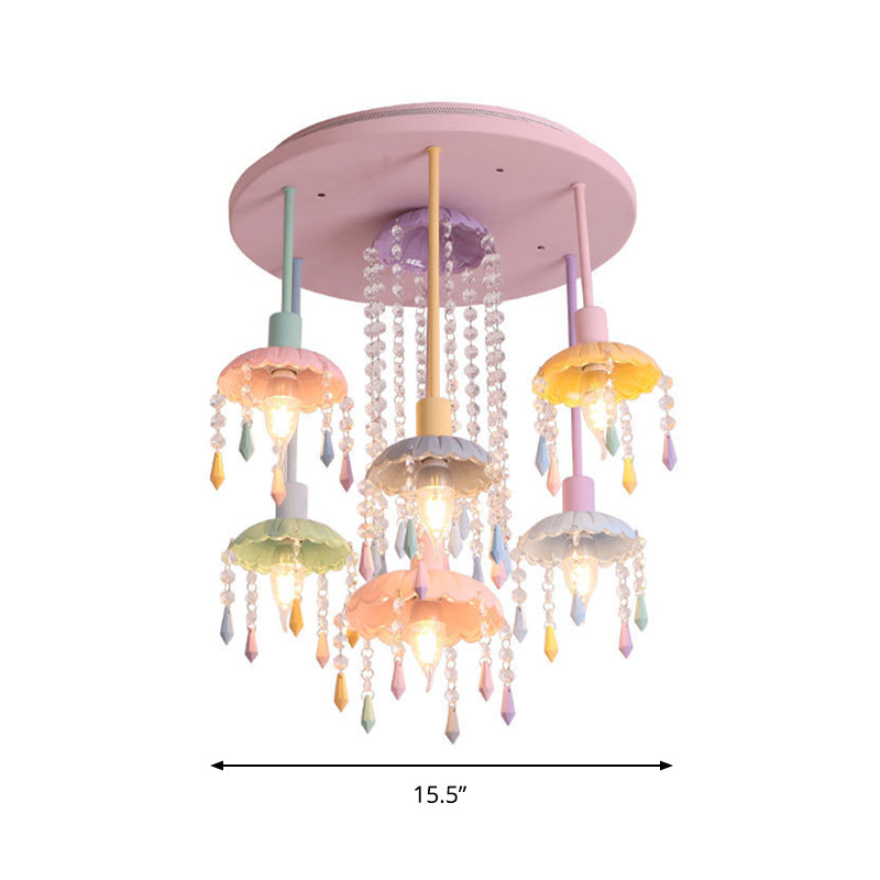Scallop Shade Ceiling Light Macaron Metal 7 Lights Pink Semi-Flush Mount Light for Bedroom with Crystal Drop