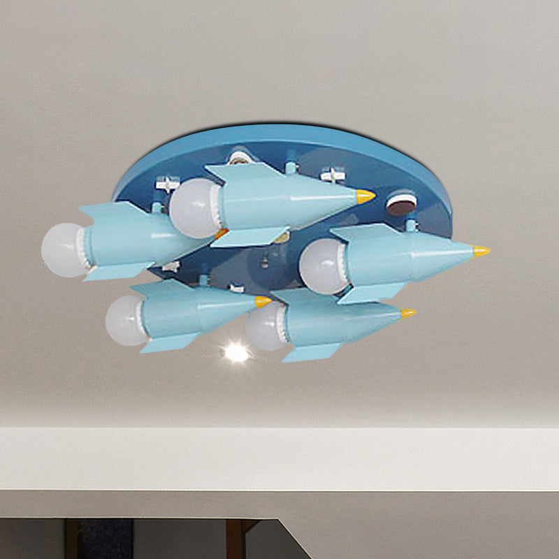 Macaron Rocket Ceiling Mounted Fixture Metal 5 Heads Bedroom Semi-Flush Chandelier Lighting in Blue