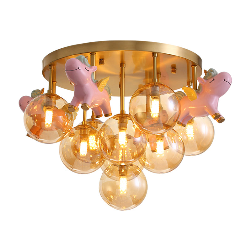 Metal Cartoon Pony Lámpara de montaje semi-flush Macaron 9 cabezas Luz de techo dorado con sombra de vidrio ámbar global