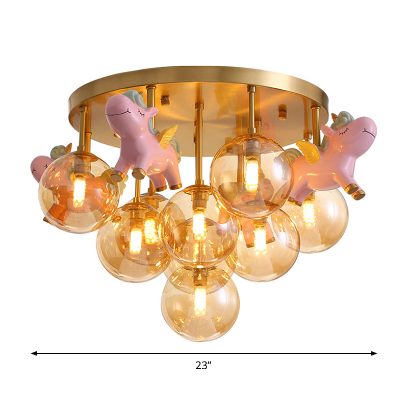 Metal Cartoon Pony Lámpara de montaje semi-flush Macaron 9 cabezas Luz de techo dorado con sombra de vidrio ámbar global