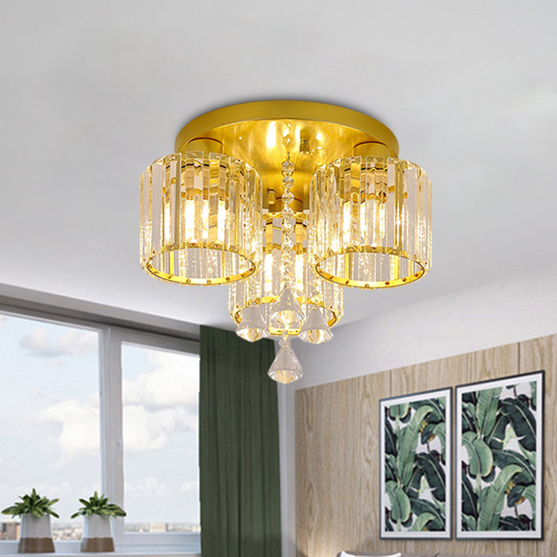 Crystal Prism Gold Finish Ceiling Light Cylindrical 3/5-Head Mid Century Semi Flush Mount Chandelier