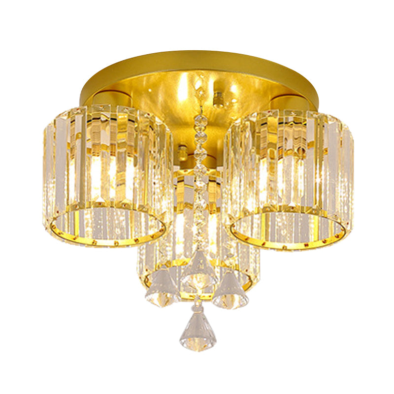 Crystal Prism Gold Finish Ceiling Light Cylindrical 3/5-Head Mid Century Semi Flush Mount Chandelier